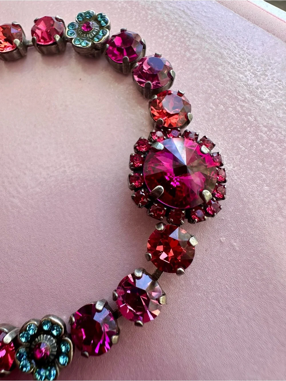 Mariana Rivoli Center Pink Crystal Bracelet with aquamarine flower clusters